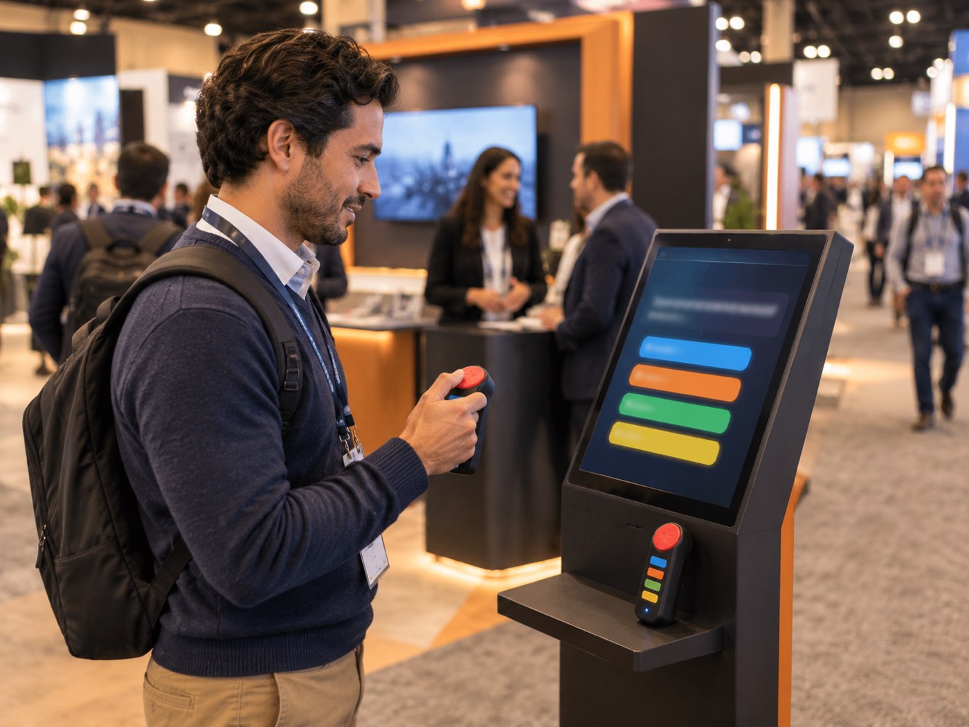 Una persona juega sola en un tótem con pantalla y buzzer en un stand de expo